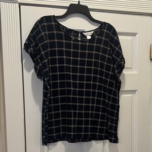 Christopher & Banks Navy/Gold/Cream Plaid Short Sleeve Top